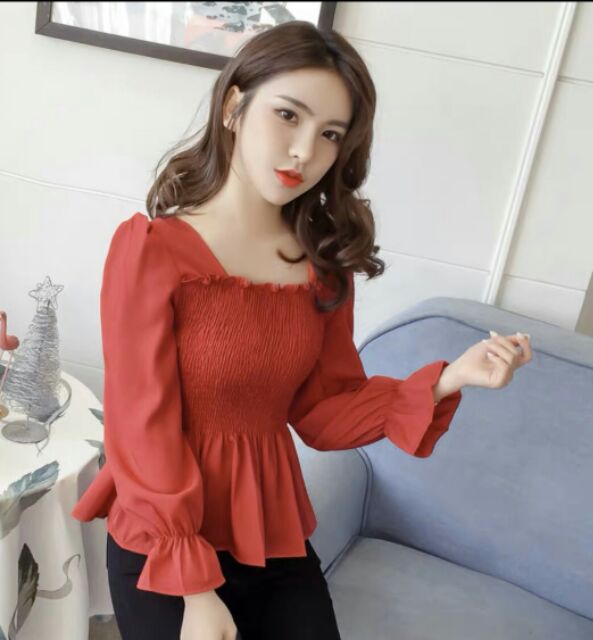 Áo nhún pelum cổ vuông xinh xắn