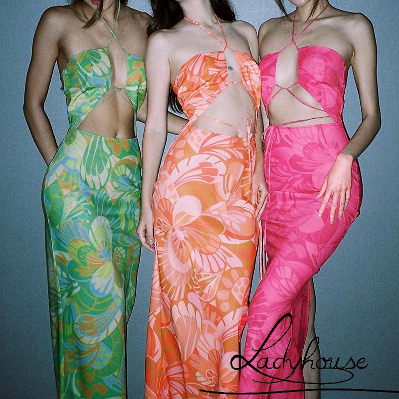 Đầm Dài Xẻ Tà Hở Lưng In Họa Tiết Hoa Thời Trang Mùa Hè Cho Nữ