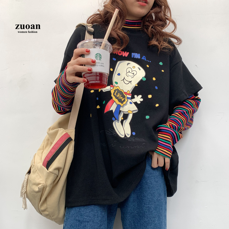 SUXI Áo Thun Hàn Quốc Tay Dài Phối Hoạ Tiết Hoạt Hình