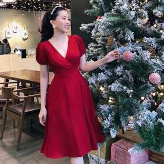 Đầm đỏ form dài cổ V, váy noel, váy dự tiệc xuongvnxk vnxk