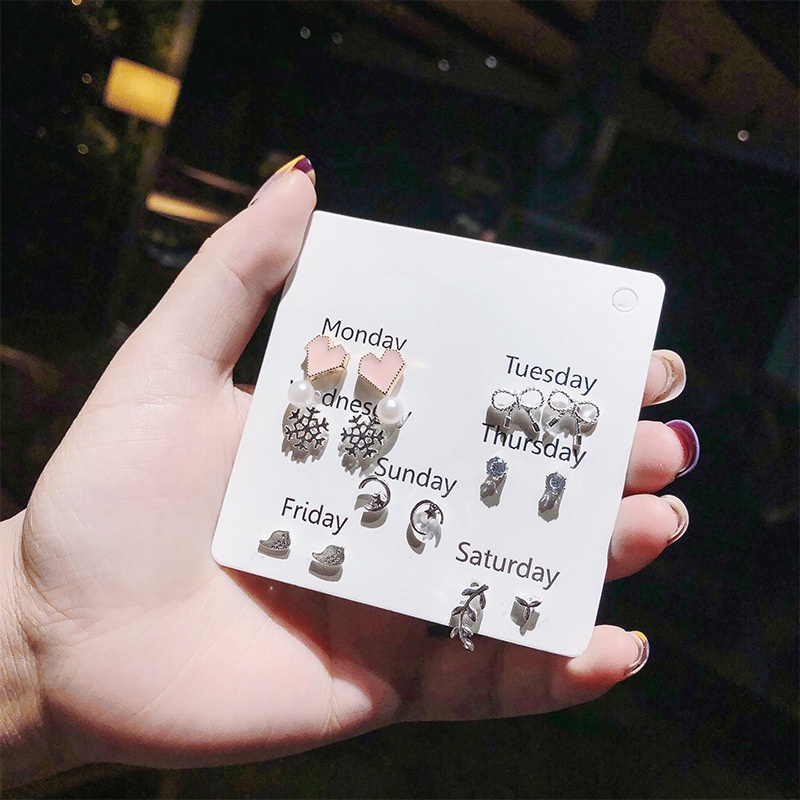 Ahellogirl Set 6 đôi khuyên tai đính ngọc/pha lê thời trang cao cấp