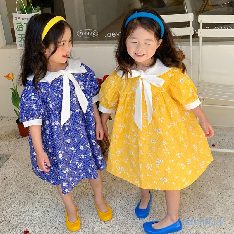 Đầm Công Chúa Tay Phồng Cổ Búp Bê Màu Trắng Đính Nơ In Hoa Thời Trang Mùa Hè Hàn Quốc Cho Bé Gái