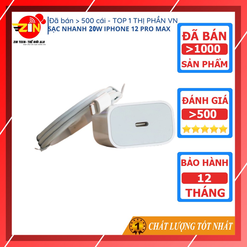 Bộ sạc nhanh iPhone 20W chính hãng 12 Pro Max  sạc nhanh cho Ipad iPhone 12 11 XS Max XS X 8 Plus ZINTECH