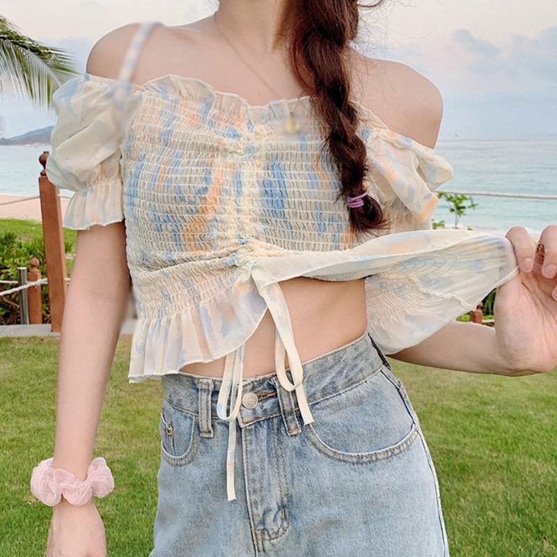 Áo Chiffon Cổ Vuông Xếp Ly Quyến Rũ Thời Trang Hàn Quốc Cho Nữ