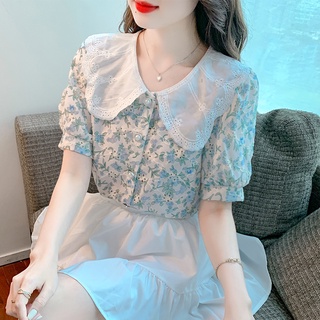 Áo sơ mi ngắn cổ búp bê tay phồng thêu hoa mẫu mới 2023 thời trang mùa hè cho nữ d ngọt ngào d