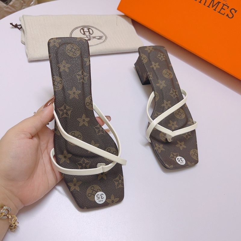 Dép guốc cao gót 4p Eo vì nâu kẹp ngón phối quai chéo 4 màu