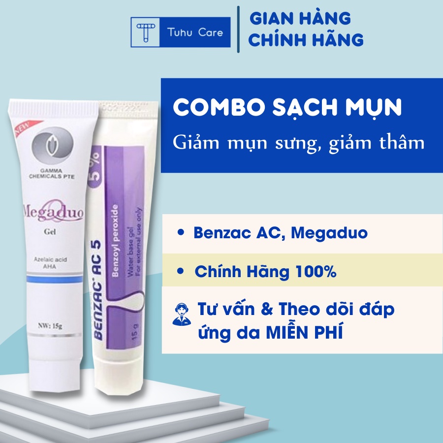 Combo 2 tuýp gel mụn Megaduo và benzac 5