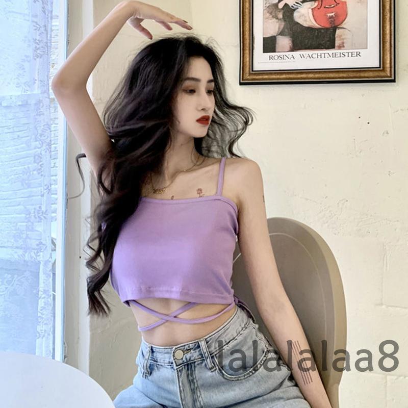 LAA8-Women´s Summer Solid Color Sleeveless Backless Cross Bandage Tank Top