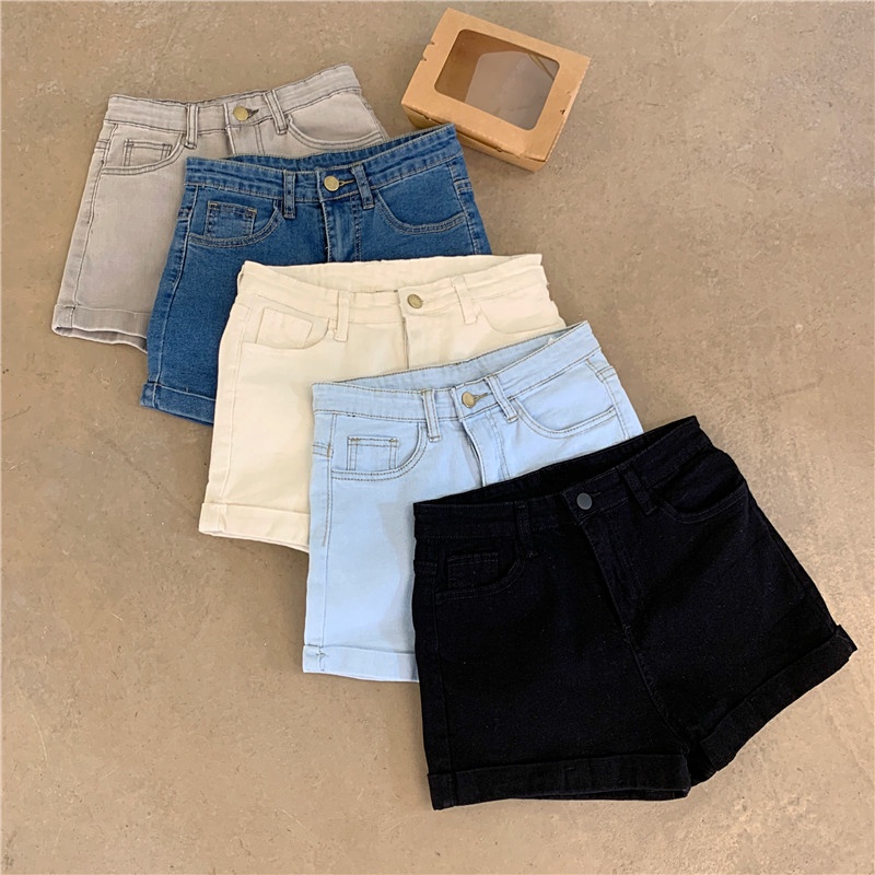 Quần Short Skinny Jean Lưng Cao Màu Sắc Trơn Siêu Co Dãn