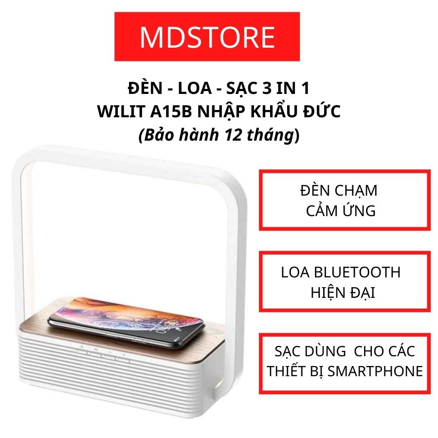 Đèn Wilit A15B kiêm loa bluetooth và sạc không dây 3 in 1 dùng được với tất cả các thiết bị smartphone - Nhập khẩu Đức