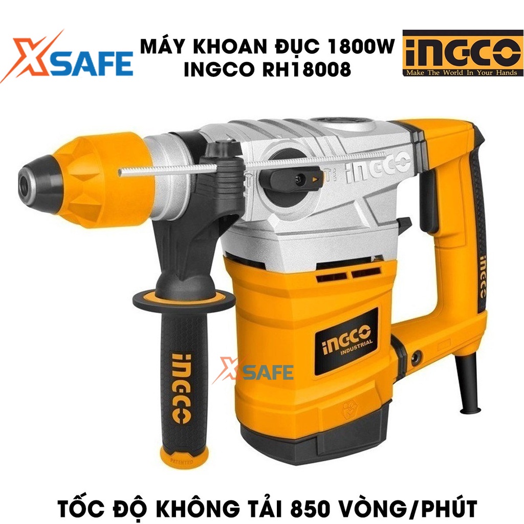 Máy khoan đục 1800W INGCO RH18008 kèm 3 mũi khoan gài, 2 mũi đục tốc độ không tải 850 vòng/phút