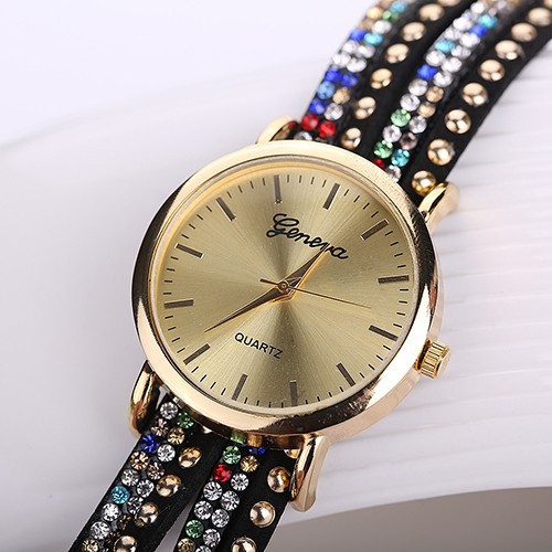 Đồng hồ Geneva dây đeo da lộn đính đá