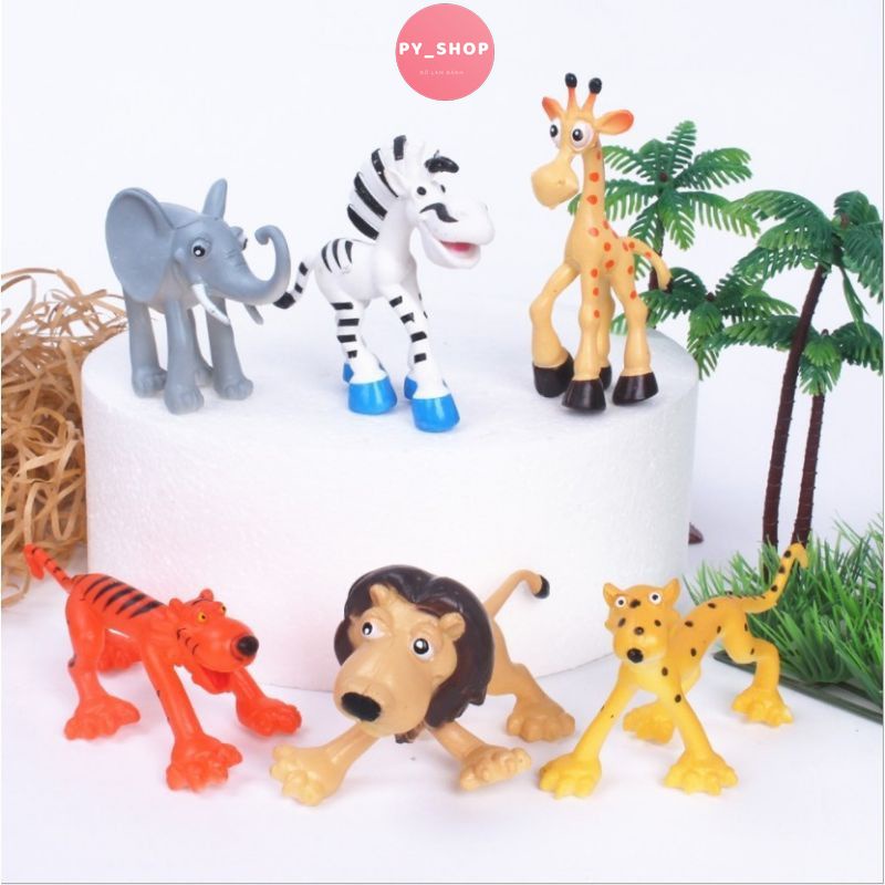 Bộ 6 động vật rừng xanh con thú hươu, sư tử, hổ, voi, ngựa trang trí bánh kem