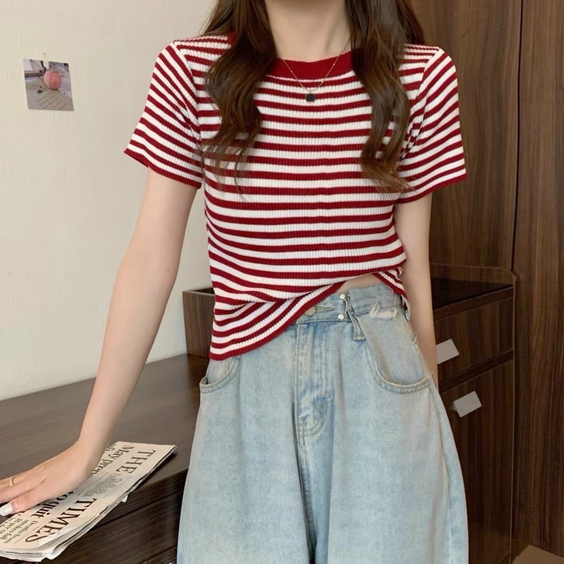 [Ảnh thật/Video]Áo len mongtogi 992 kẻ dáng vừa Áo phông kẻ nhiều màu QC