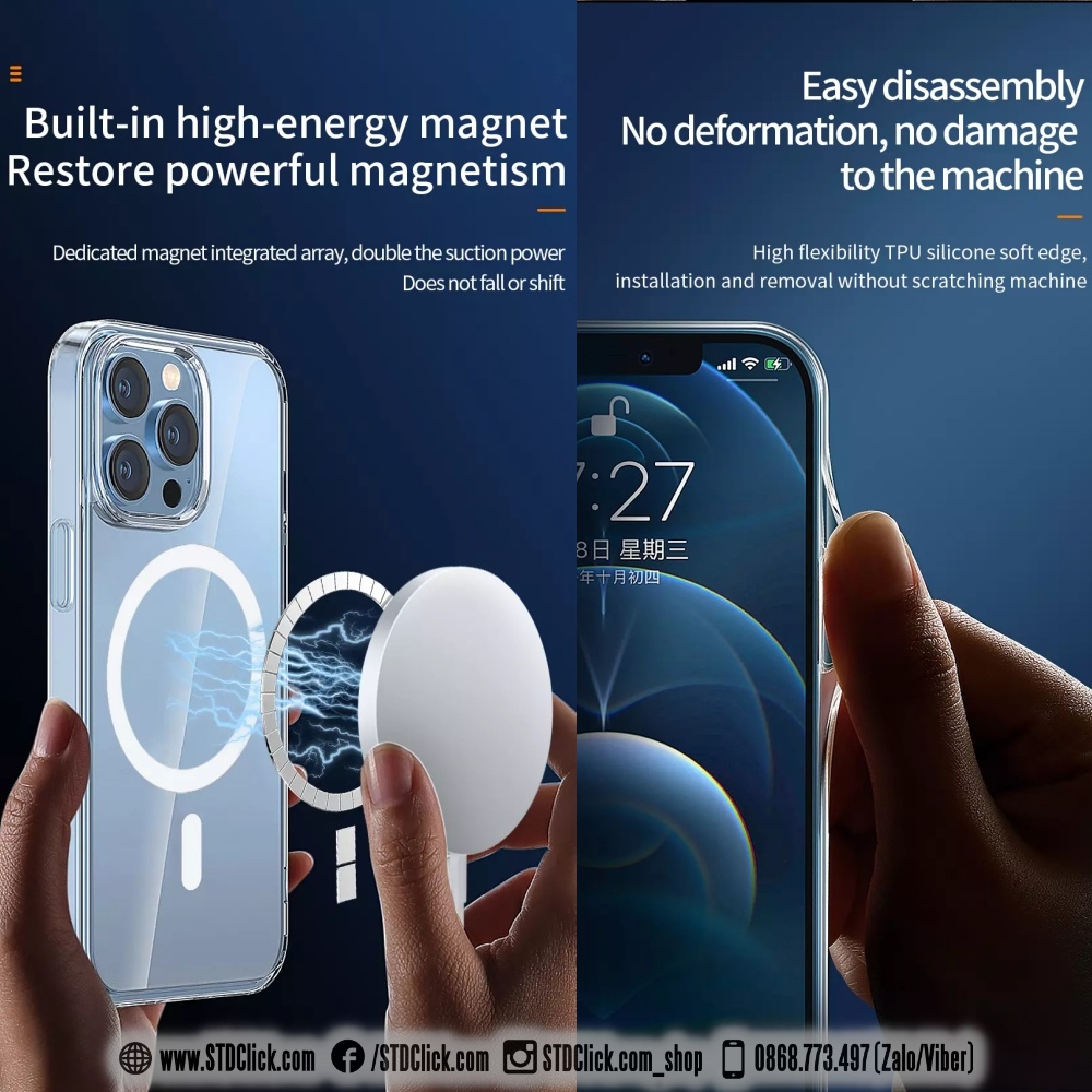 ỐP IPHONE 15 PRO MAX - 14 PRO MAX - 14 PRO - 13 PRO MAX - 12 PRO MAX WIWU MCC-101 TRONG VIỀN DẺO - SẠC KHÔNG DÂY TỪ TÍNH