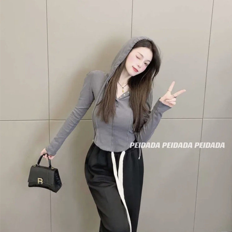 Áo hoodie COZOKC tay dài dáng ôm thời trang dành cho nữ