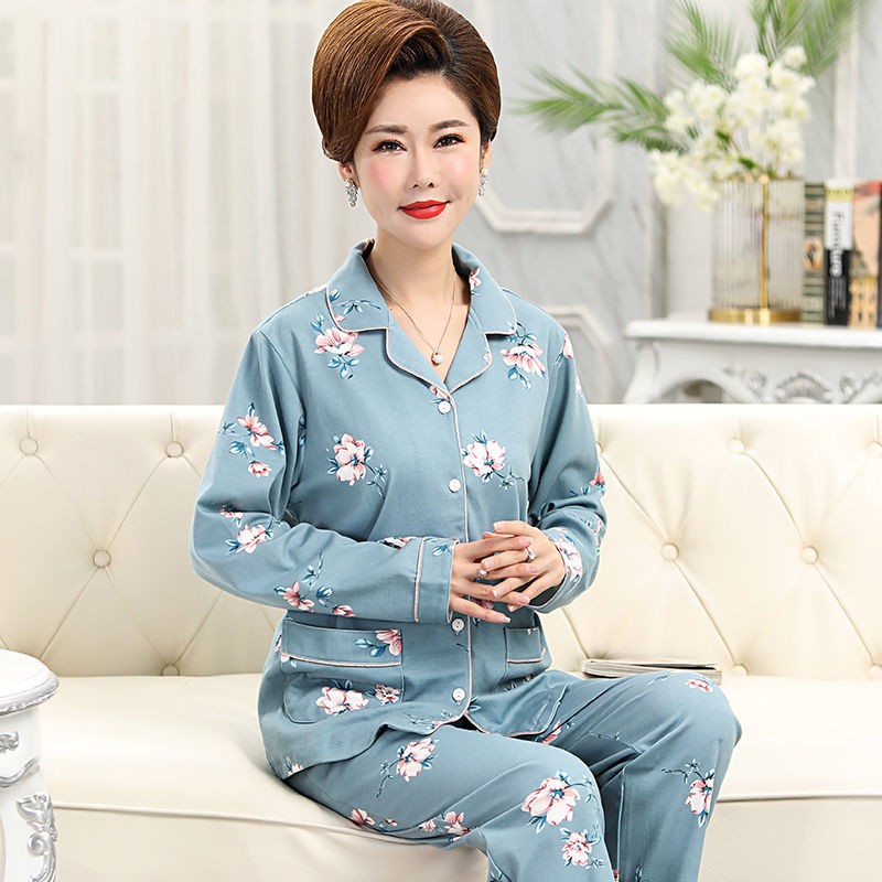 Đồ lót✜Bộ đồ ngủ của bà mẹ trung niên áo len nữ dài tay cotton mùa xuân và thu cộng với size phù hợp người già