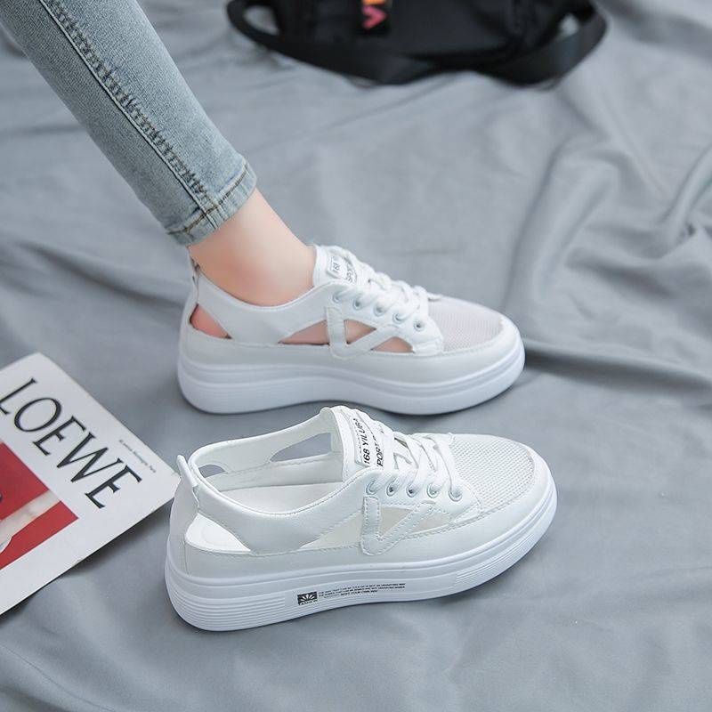 Giày Sneaker Mùa Hè Đế Dày Rỗng Thoáng Khí Màu Trắng Phong Cách Mới Cho Nữ