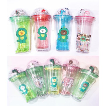 Cốc 2 lớp kim tuyến gấu brown thỏ cony vịt sally khủng long nắp cầu CNCKI4 cốc làm lạnh dễ thương 500ml