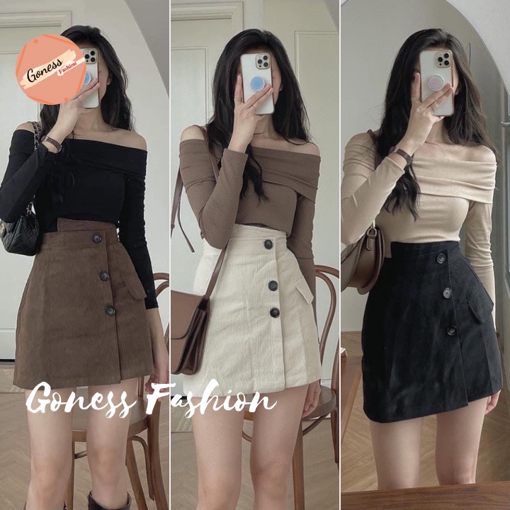 Chân váy ngắn Goness cạp cao vải nhung tăm vạt lệc phối 3 cúc siêu tôn dáng