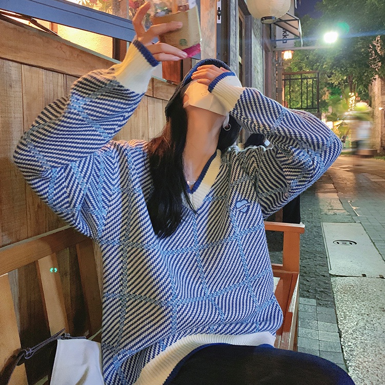 Áo sweater SUXI dệt kim cổ v dáng rộng kẻ sọc kiểu vintage thời trang mùa thu cho nữ