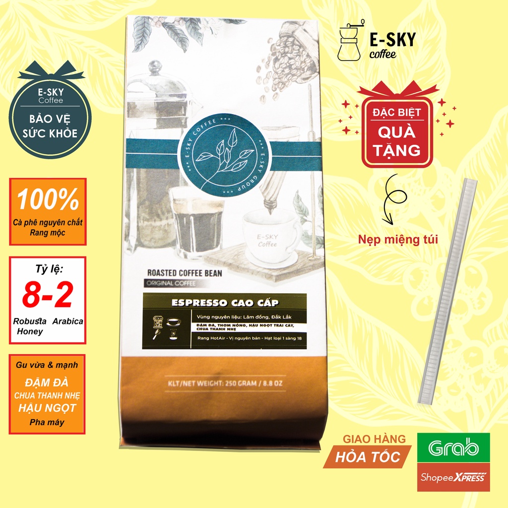 Cà phê Espresso pha máy của E-SKY Coffee nguyên chất 100% đậm đà thơm nồng hậu ngọt 250g | BigBuy360 - bigbuy360.vn