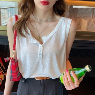 Áo Thun Cotton Không Tay Dáng Rộng Chữ I Màu Trắng Thời Trang Mùa Hè Cho Nữ