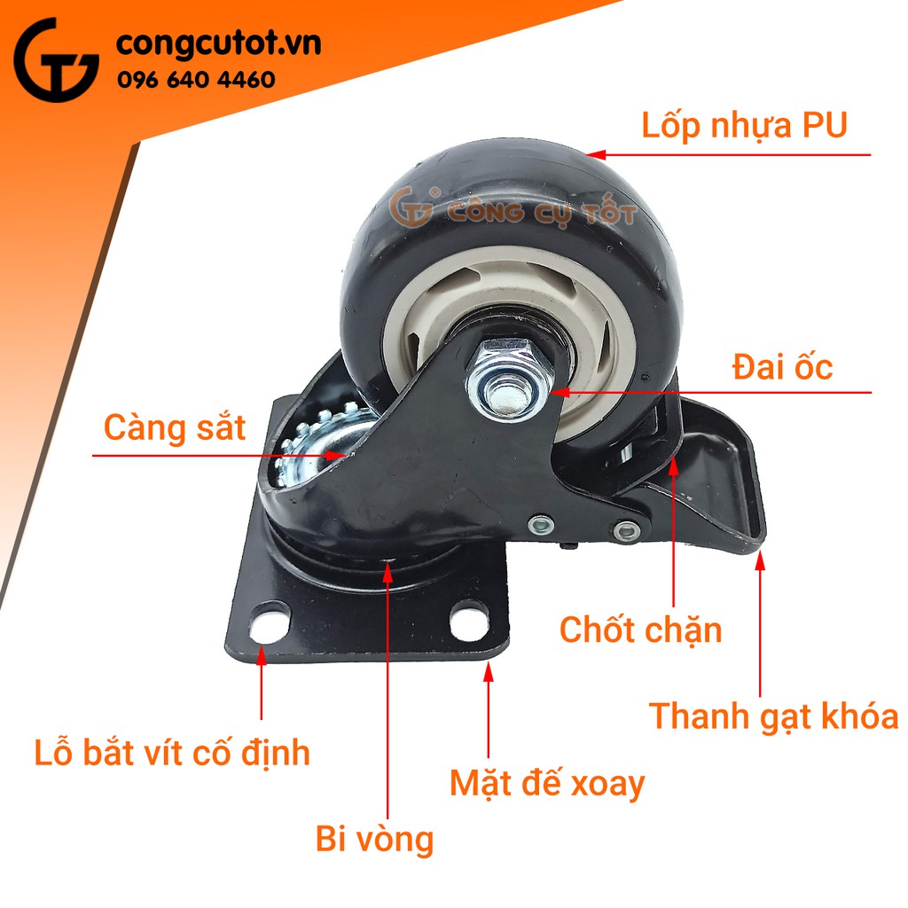 Bánh xe đẩy mặt đế xoay càng sắt tải trọng 50kg lốp nhựa PU đen rộng 32mm Φ75mm