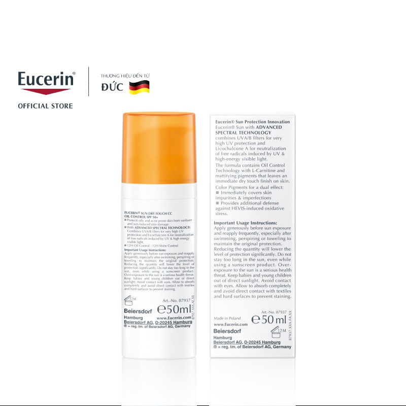 Kem chống nắng kiềm dầu, có màu Eucerin Sun Dry Touch CC Oil Control SPF50+ 50ml