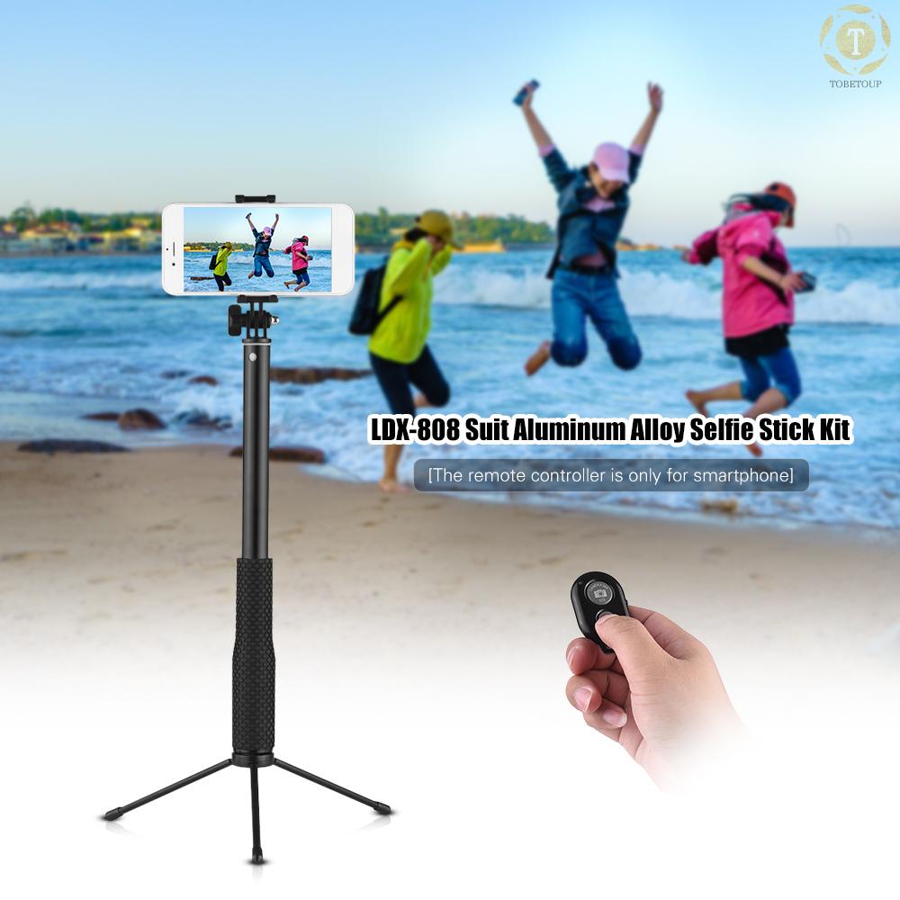 ∗LDX-808 Suit Aluminum Alloy Selfie Stick Kit 36cm-110cm 4-Section Extendible Handheld Selfie Stick with Remote Controller Clip for GoPro + Phone Holder + Phone Remote Controller & Remote Controller Clip + 1/4" Connector for GoPro Hero 6 5 4 3 3+ for Xiao