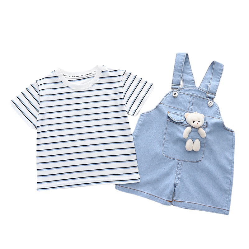 Set Đồ Mùa Hè 2022 2 Món Gồm Áo Hai Dây Kẻ Sọc + Quần Yếm Denim Thời Trang Cho Bé Trai / Gái