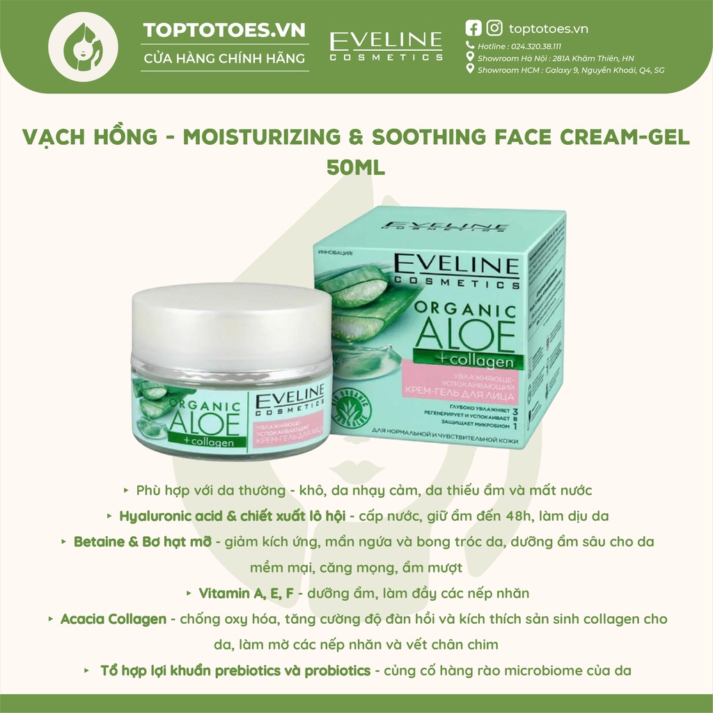Gel dưỡng ẩm Eveline Organic Aloe + Collagen 3in1 cấp nước, làm dịu, phục hồi và trẻ hóa da 50ml