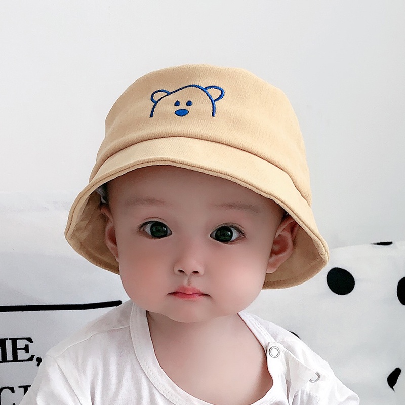 Mũ vành tròn thêu hình Gấu có quai phong cách Hàn Quốc cho bé trai bé gái từ 6 đến 18 tháng