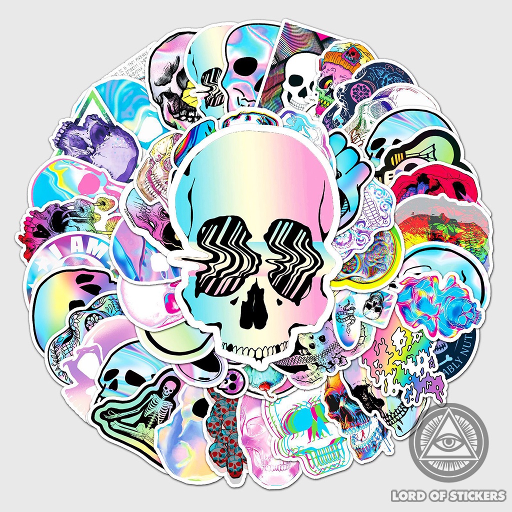 Set 50 Hình Dán Đầu Lâu Holographic Graffiti Sticker Cute Nhiều Màu Sắc Chống Thấm Nước Dán Mũ Bảo Hiểm, Laptop, Vali