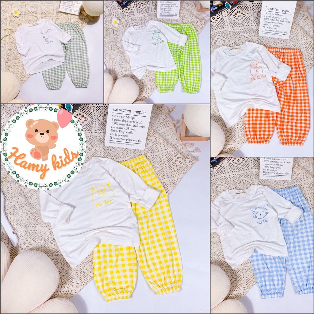 Bộ Dài Tay Quần ALibaba Minky Mom Chính Hãng Thun Lạnh Áo Trắng Quần Caro Bé Trai Bé Gái Từ 0-5 Tuổi Dưới 20kg- Hamykids