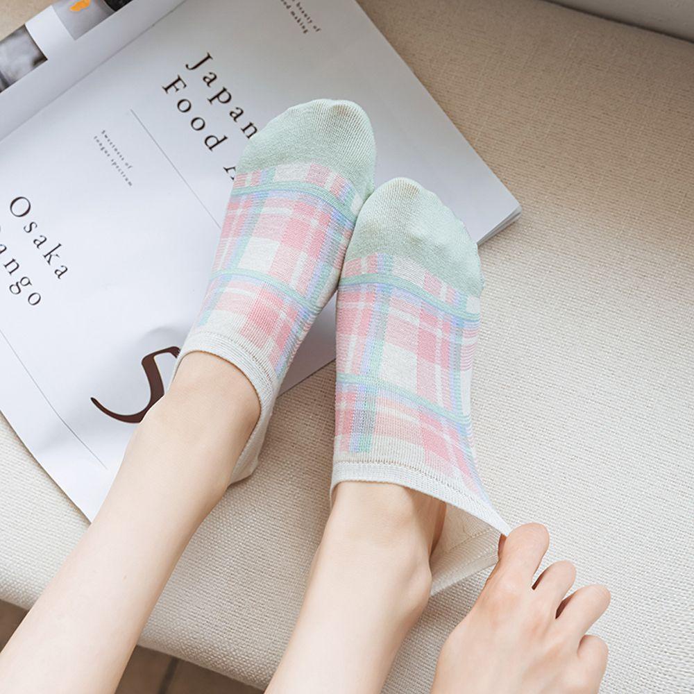FORBETTER Vớ Thuyền Vải Cotton Phối Lưới Xuyên Thấu Họa Tiết Hoa Tulip Phong Cách Harajuku Cổ Điển Thời Trang
