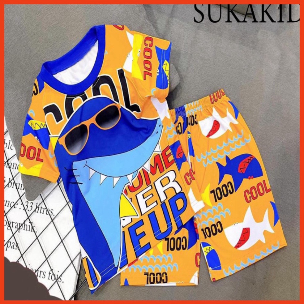 ( Km ) ( Khuyến mãi ) Bộ đô bé trai in chuyển nhiệt 3D chất liệu thoáng mát co giãn 4 chiều hình khủng long xanh ,khủng