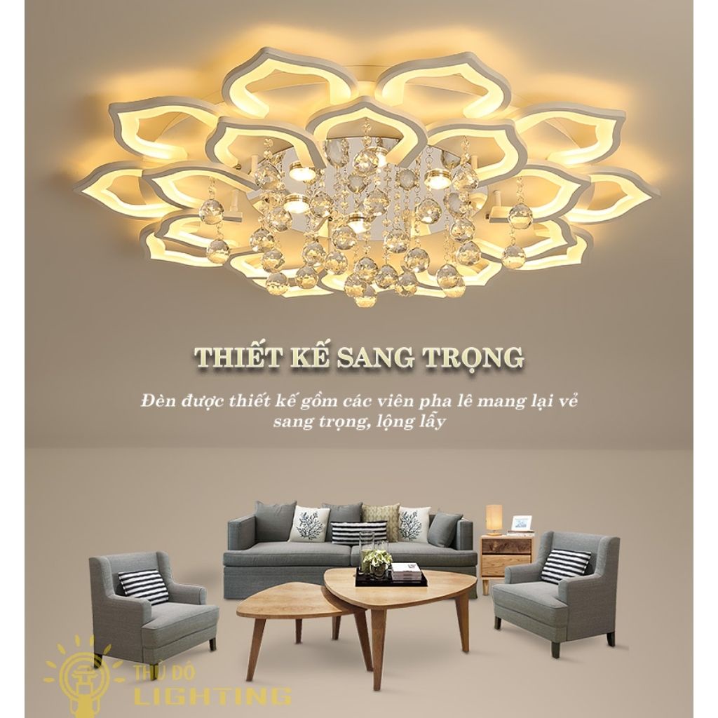 Đèn Ốp Trần Phòng Khách Hoa Sen THỦ ĐÔ LIGHTING 16 Cánh 3 Chế Độ Ánh Sáng Thiết Kế Viên Thả Pha Lê Cao Cấp 2042/16