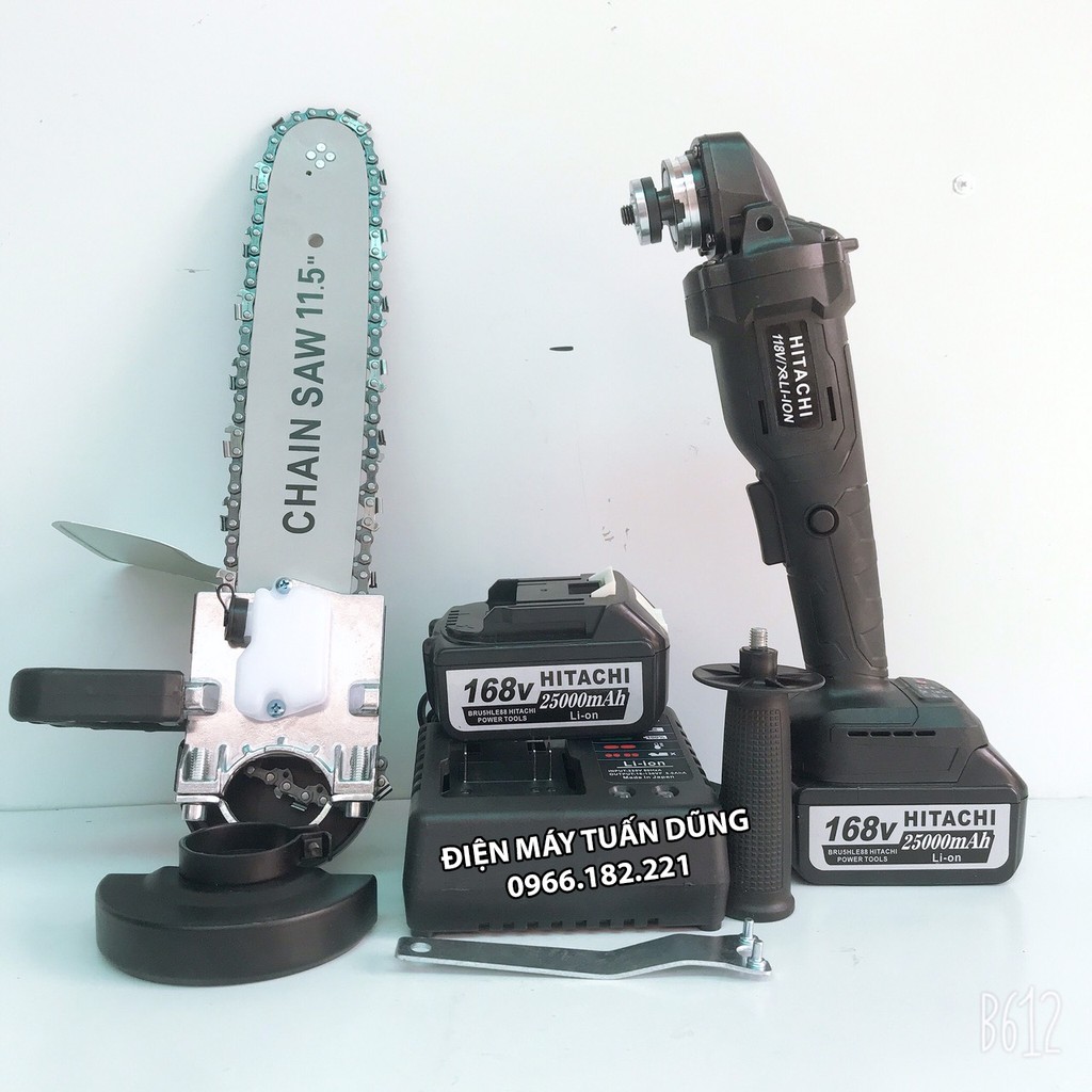 Máy mài cầm tay dùng pin Hitachi 168V Động cơ không chổi than Kèm 01 bộ lưỡi cưa xích cắt gỗ