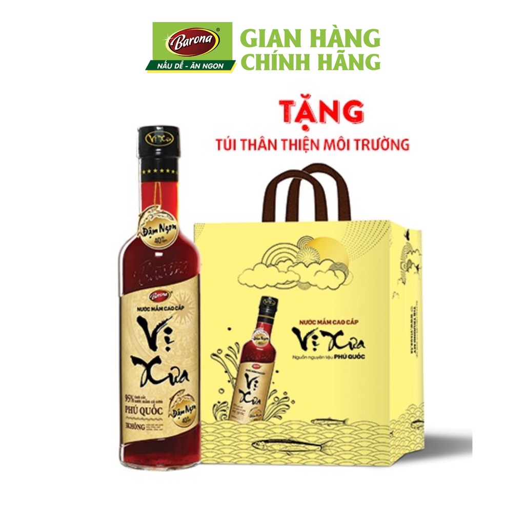 Nước Mắm Phú Quốc Cao Cấp Vị Xưa Barona 40 độ đạm 500ml, Mua 1 chai Tặng 1 Túi thân thiện môi trường Vị Xưa