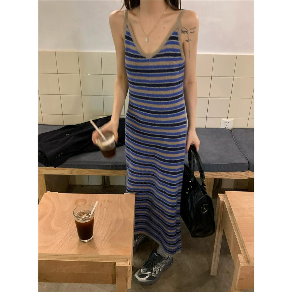 ZHELIHANGFEI Đầm Dệt Kim Kẻ Sọc Màu Sắc Tương Phản Size Lớn Thời Trang Cao Cấp