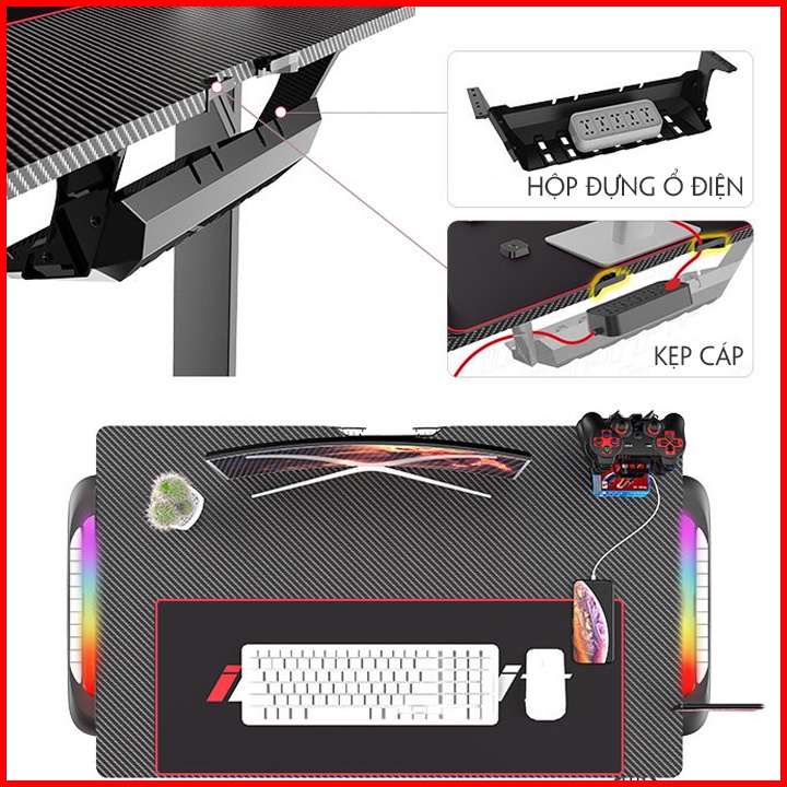 Bàn gaming cao cấp,bàn chơi game cho gamer có đèn led cảm biến nhạc,mặt gỗ phủ sợi cacbon tay đỡ gamepad Desk computer