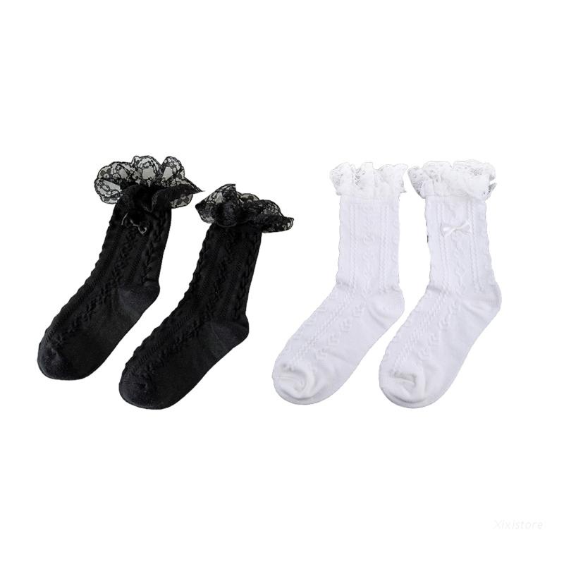 Vớ thời trang vải cotton phong cách mùa hè phối bèo thắt nơ kiểu dệt kim nhiều màu ngọt ngào đáng yêu dành cho phái nữ