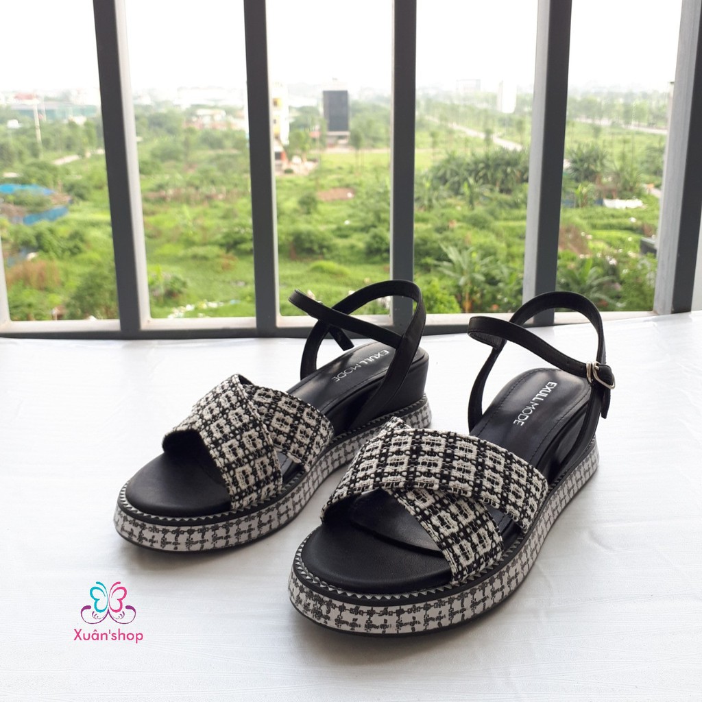 Sandal quai chéo họa tiết caro xinh xắn, đế xuồng cao 5.5cm (có sẵn)