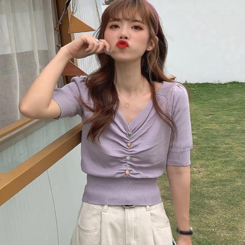 Áo Croptop Dệt Kim Tay Phồng Thiết Kế Cổ Chữ V Quyến Rũ