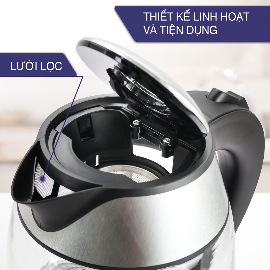 Ấm đun siêu tốc thủy tinh lebenlang 1.8L kèm lõi lọc inox - LBE2819, công suất 1800w, bảo hành 24 tháng