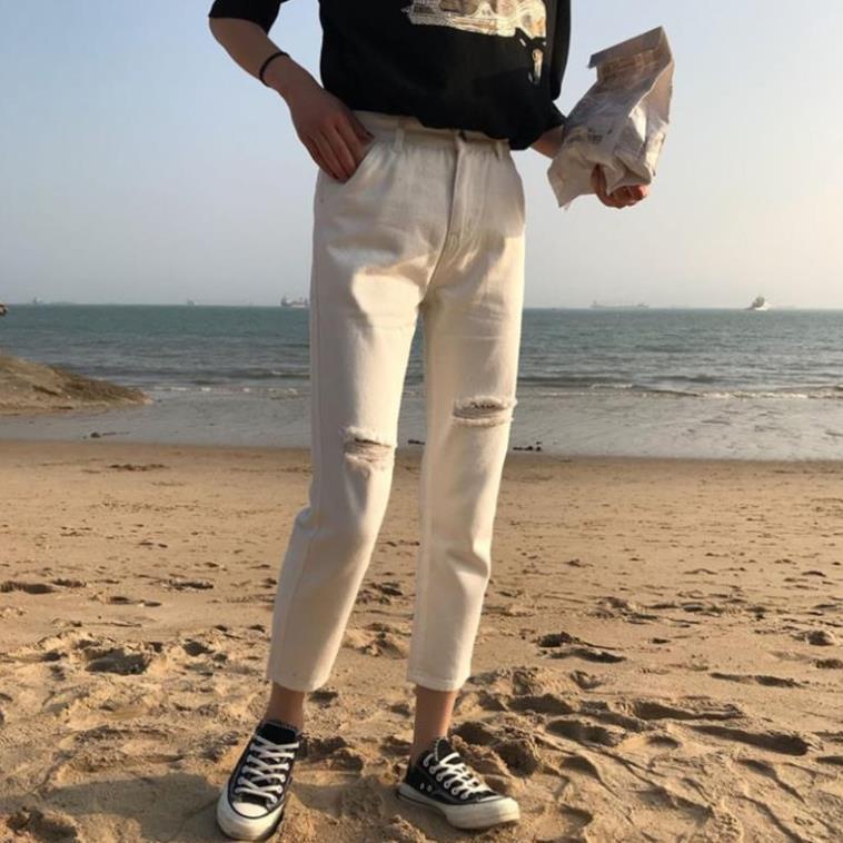 quần baggy ulzzang, quần nữ đẹp jean rách, quần jeans ống rộng bò mềm đen trắng -b11