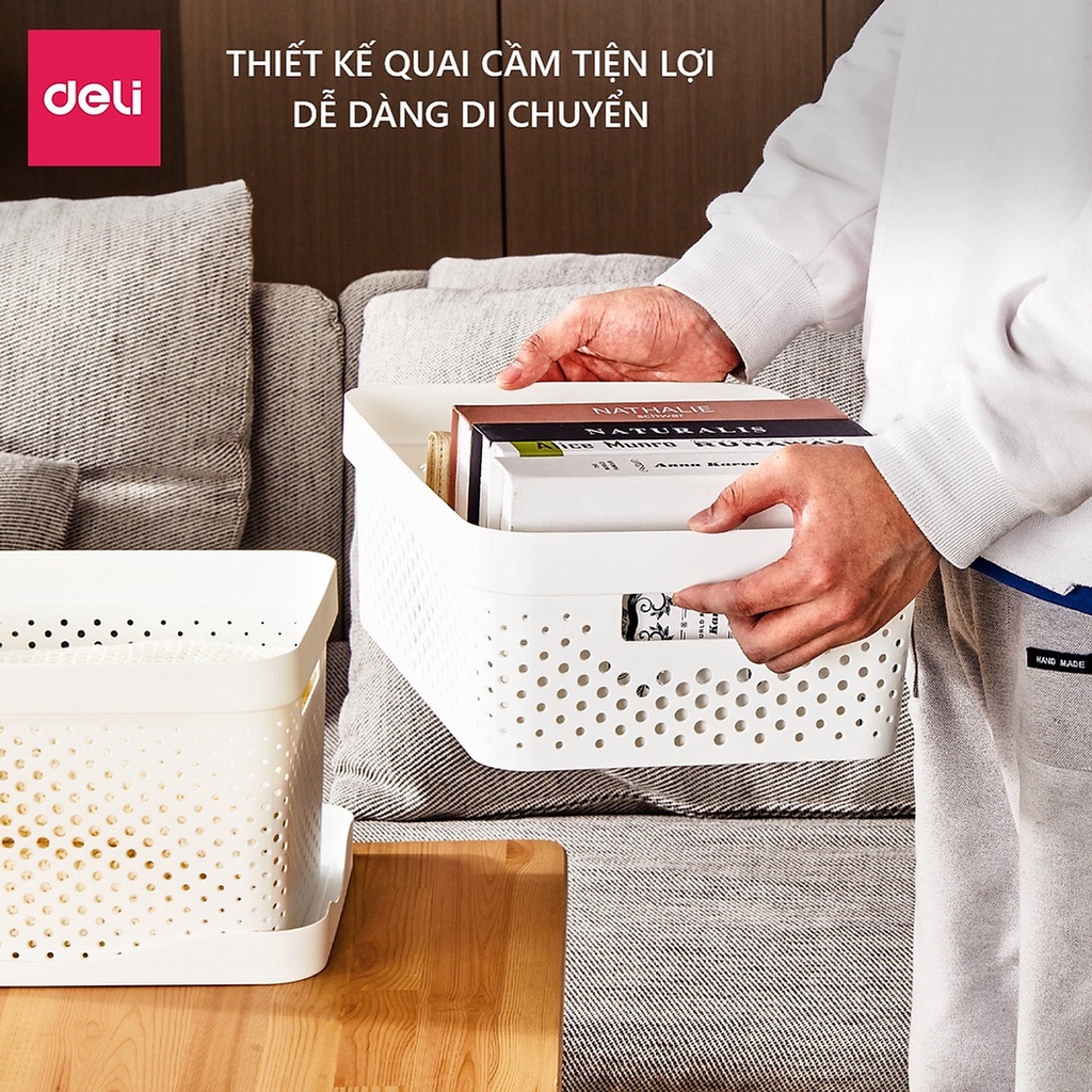 Giỏ nhựa lưới đựng đồ đa năng có nắp đậy cao cấp màu trắng - Deli