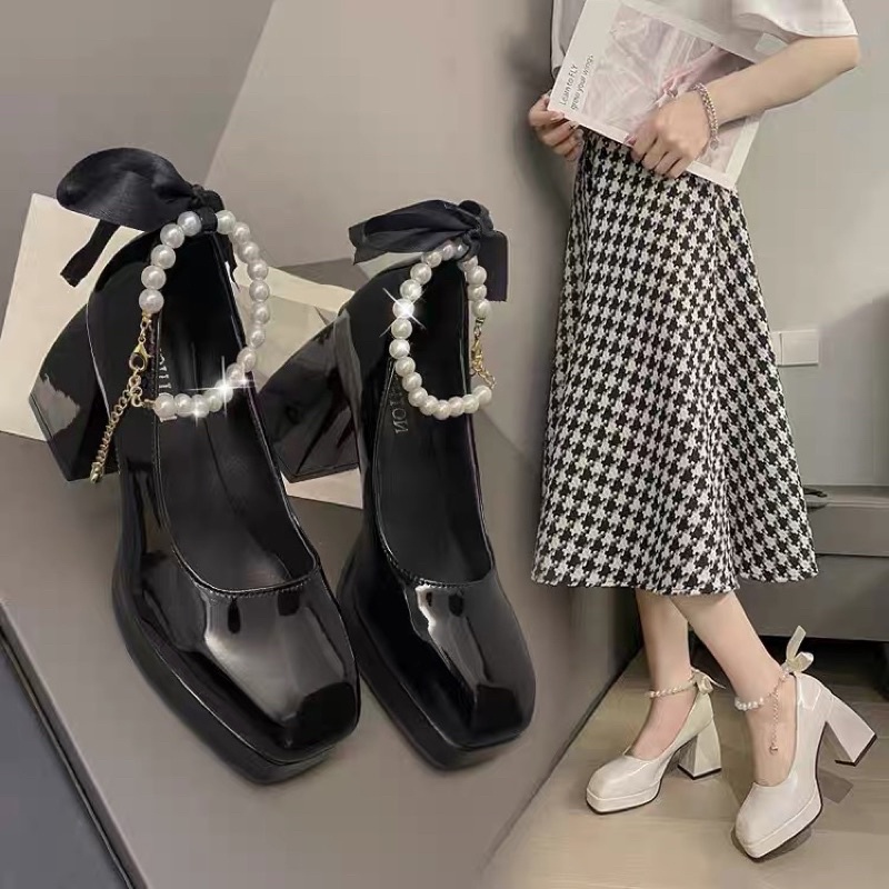 (HÀNG CÓ SẴN) Giày cao gót da bóng gót vuông quai cườm buộc nơ BIG SIZE 41-43
