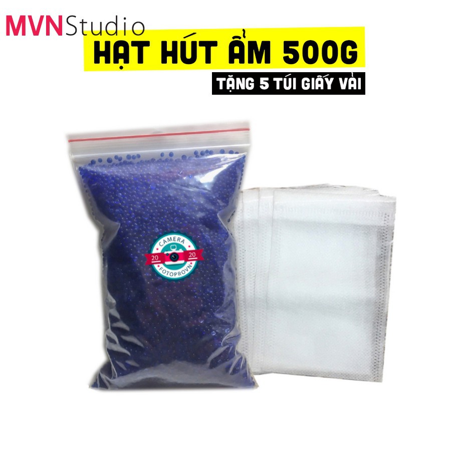 MVN Studio - Gói 500g hạt chống ẩm, hạt hút ẩm màu xanh cho máy ảnh tặng kèm 5 túi giấy vải đựng hạt